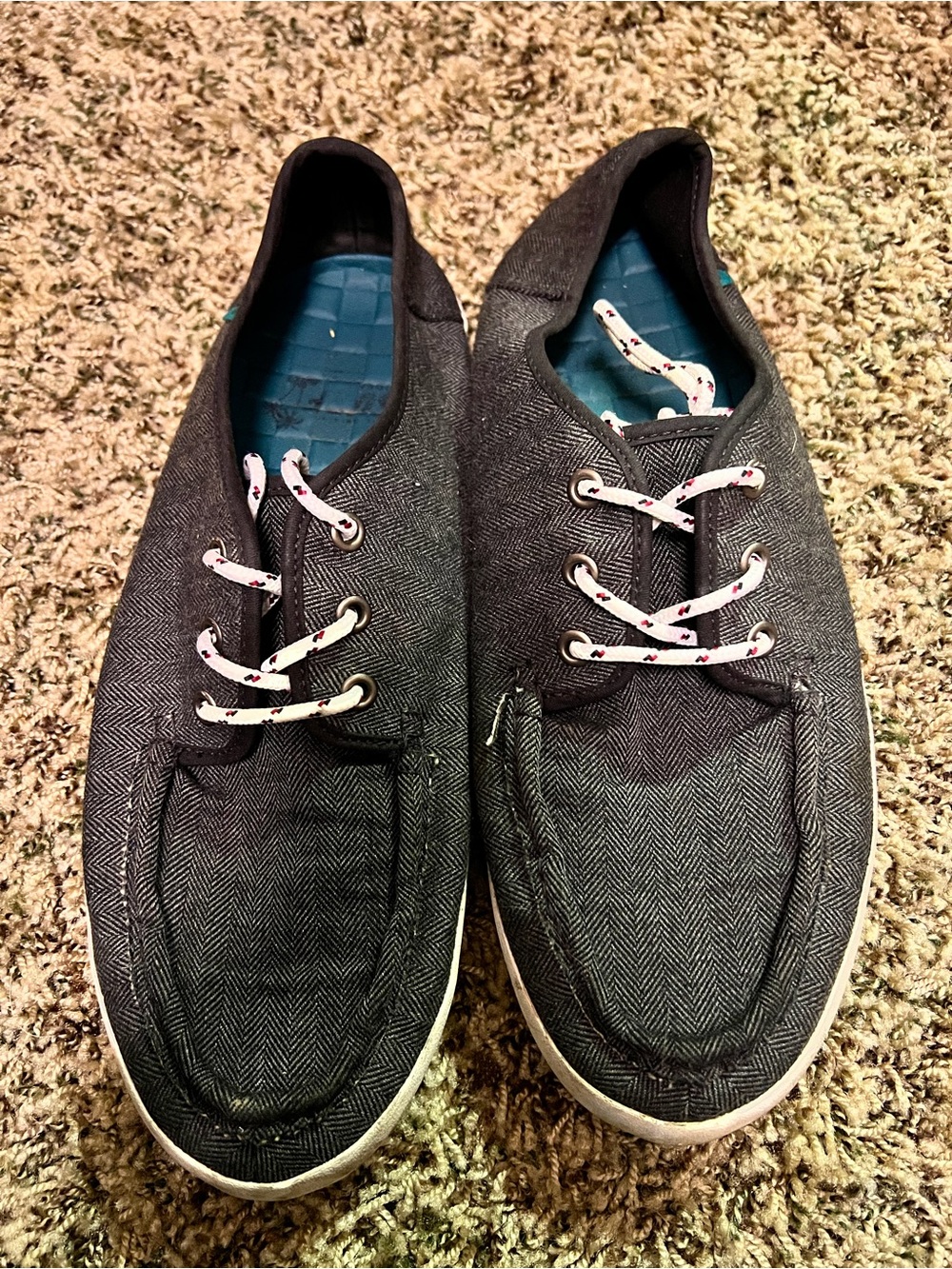 Vans Men's Dark Gray Herringbone Slip-On Sneakers with White Patterned Laces